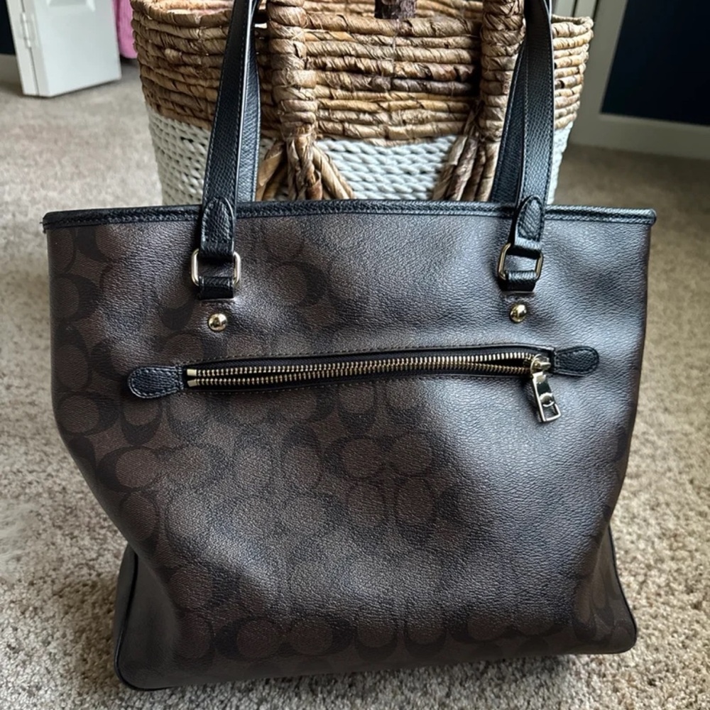 Coach Zip Top Tote Bag In Signature Canvas Black/Walnut/Gold 
Style code -F34603 - Picture 10 of 14